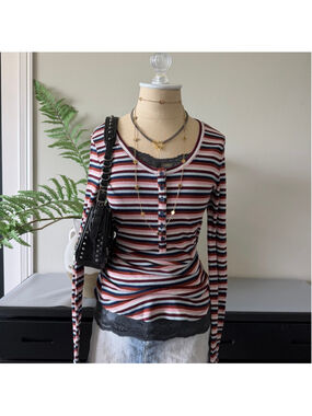 A.N.A Striped Henley Long Sleeve Ribbed Top Size M